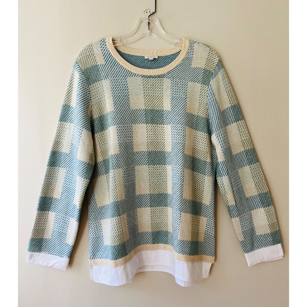 Talbots Sz M Crew Neck‎ Sweatshirt Pullover Stretch Plaid Beige Blueish Retro